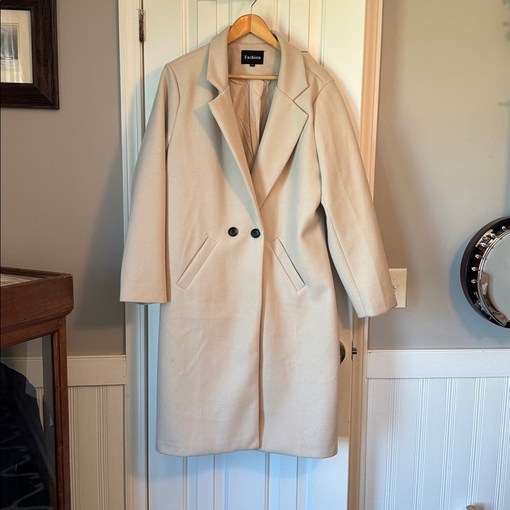 Beige Pea Coat with Black Buttons (5)